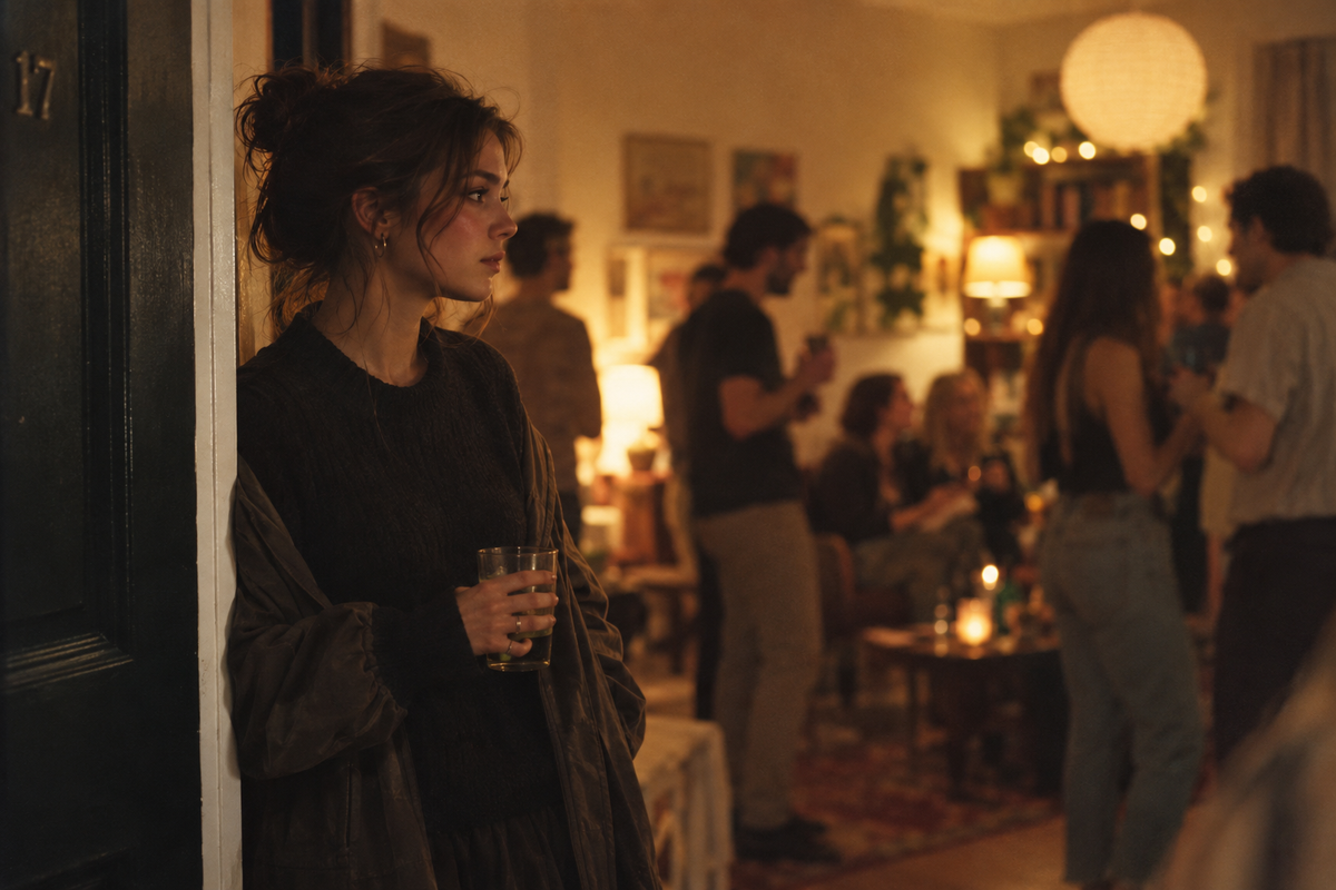A young woman standing alone in the doorway of a warm, crowded house party, looking into the room