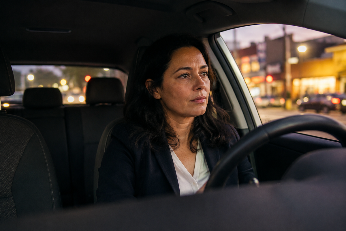 A woman sits alone in the driver's seat of a parked car at dusk, looking ahead through the windshield at blurred city lights