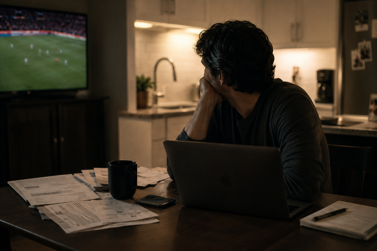 A man sits at a kitchen table with an open laptop and paperwork, watching a soccer match on television.