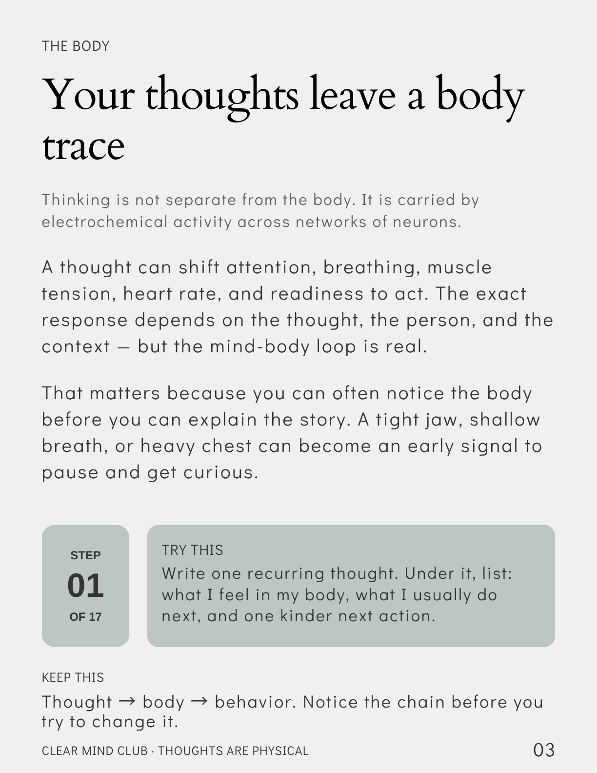A sample interior page: one shift, a short practice, and a line to keep