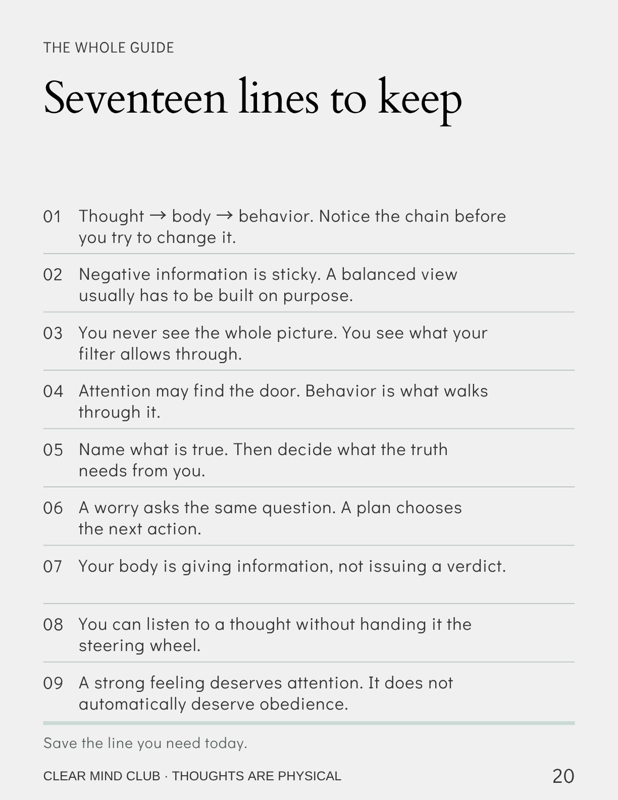 A page from the guide: nine of the seventeen lines to keep
