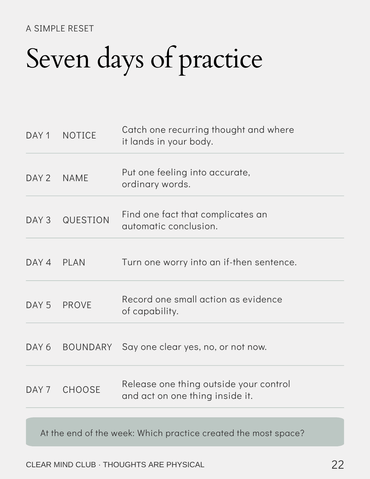 The seven-day practice page from the back of the guide